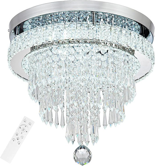 16“ Crystal Chandeliers Round Modern LED Chandelier Light Flush Mount Ceiling Light Fixtures with Remote Control for Bedroom Living Room Dining Room (dimmable)-CasaMuseHome