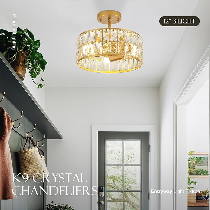12” 3-Light Modern Crystal Chandeliers Gold Dinning Room Light Fixture, Round Pendant Light Kitchen Island Chandelier, Flush Mount Ceiling Light for Living Room Entryway Bedroom Foyer-CasaMuseHome