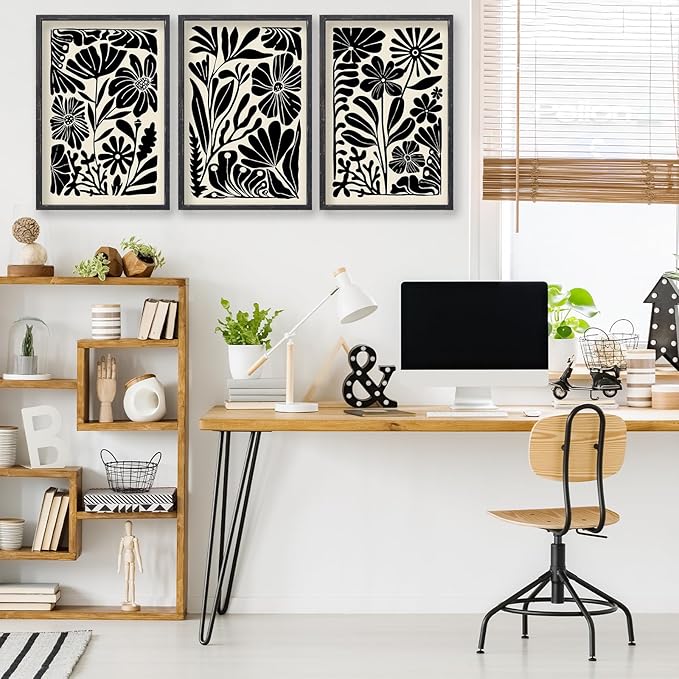 Abstract Floral Botanical Wall Art 16x24 Inch 3 Piece Black Vintage Boho Plant Flower Minimalist Wood Frame Sign Home Living Room Family Office Mid Century Print Wall Hanging Decor (Black)-CasaMuseHome