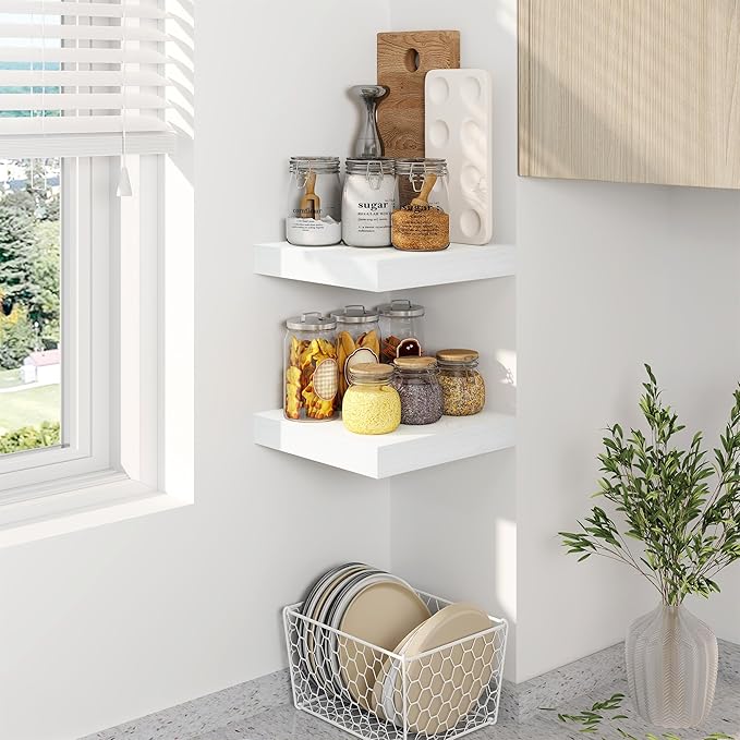 8 Inch Deep Floating Shelves White, Rustic Wood Floating Shelf for Home Decor, 8 x 8 Inch Square Wall Shelves, Wooden Storage & Display Shelves for Kitchen, Bathroom, Living Room, Set of 2-CasaMuseHome