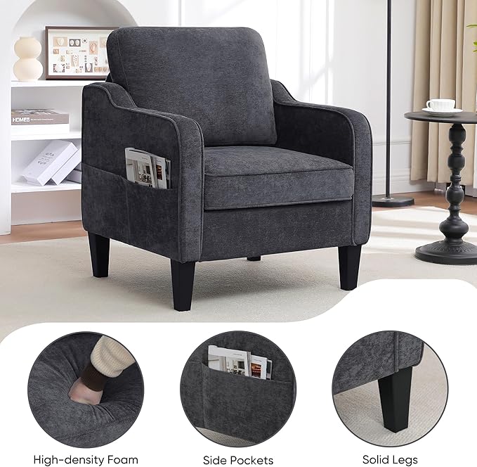 Accent Chair for Living Room, Mid Century Modern Reading Chair for Bedroom, Upholstered Armchair with Side Pockets, Comfy Single Sofa Side Chair for Office, Apartment, Small Room, Dark Grey-CasaMuseHome