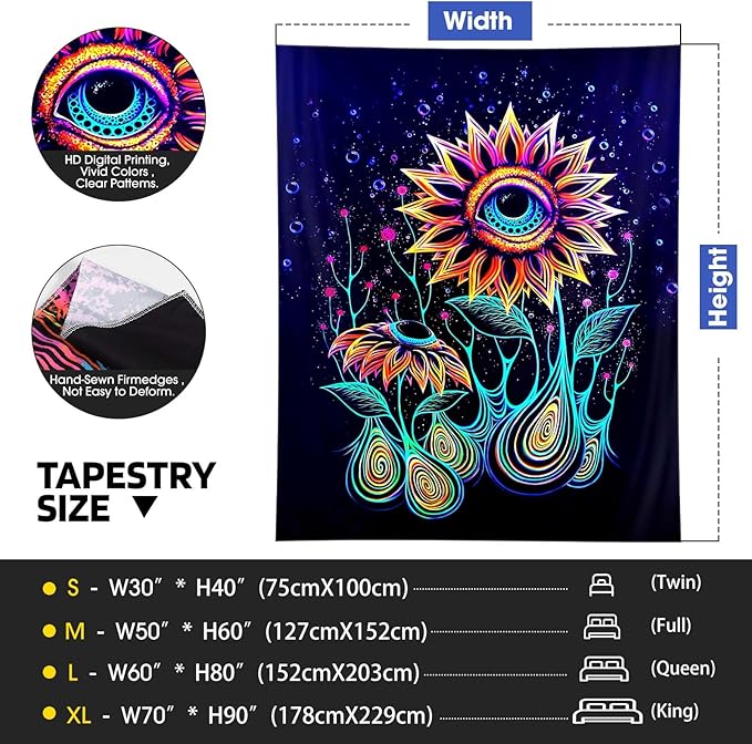 ADDWel Blacklight Sunflower Tapestry, Hippie Eye Tapestry Glow In The Dark, UV Reactive Black Light Upright Posters Wall Hanging for Bedroom Dorm Living Room Backdrop Decor-CasaMuseHome