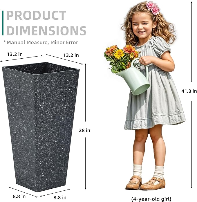 28" Large Tall Square Planters for Outdoor Plants, Set of 2 V-Shaped Planter Box with Black Terrazzo Look, Durable and Weather Resistant, Ideal or Garden, Patio, Porch or Home use.-CasaMuseHome