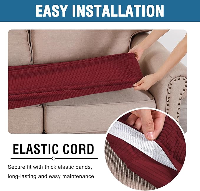 H.VERSAILTEX Super Stretch Individual Seat Cushion Covers Sofa Covers Couch Cushion Covers Slipcover Sets Thick Jacquard Textured Twill Fabric (1 Piece Sofa Cushion Cover, Burgundy Red)-CasaMuseHome