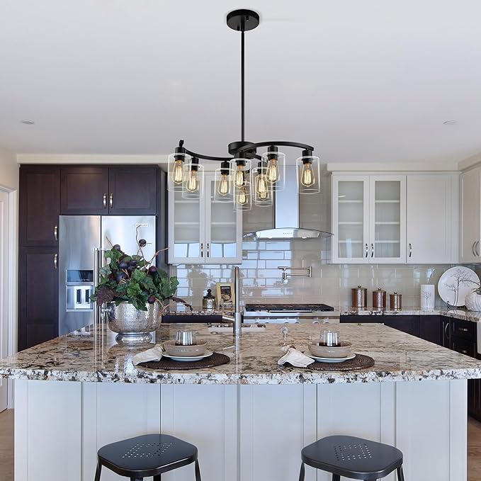 9-Light Black Modern Chandeliers for Dining Room, Adjustable Height Farmhouse Kitchen Island Lighting, Industrial Hanging Light Fixtures for Living Room Bedroom, Clear Glass Shade-CasaMuseHome