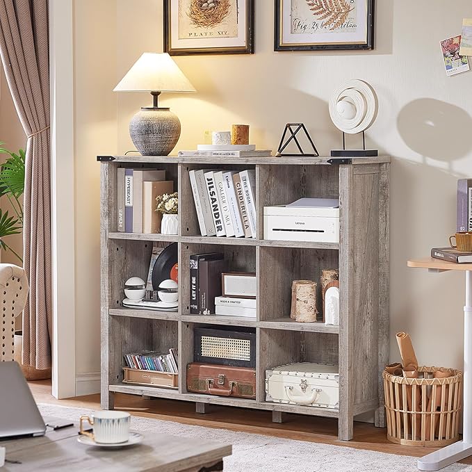 9 Cube Bookcase, Farmhouse 47 Inch Wide Grey Oak Bookshelf, Wooden 3 Tier Display Large Open Book Shelf, Vintage Horizontal Book Case for Home Office, Cubby Storage Cabinet for Living Room-CasaMuseHome