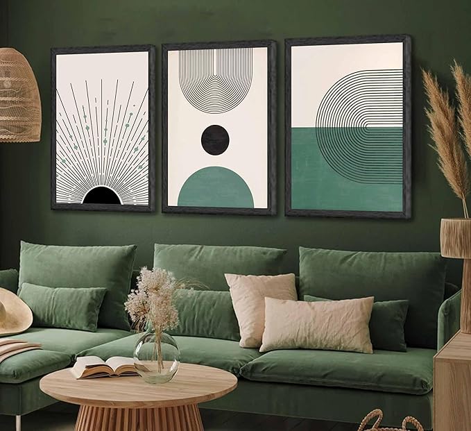 3 Pcs Sage Green Boho Canvas Wall Art Modern Abstract Minimalist Neutral Bohemian Sun Geometric Line Painting Picture Wall Decor Poster Print Artwork for Living Room Bedroom Home Decoration Unframed-CasaMuseHome