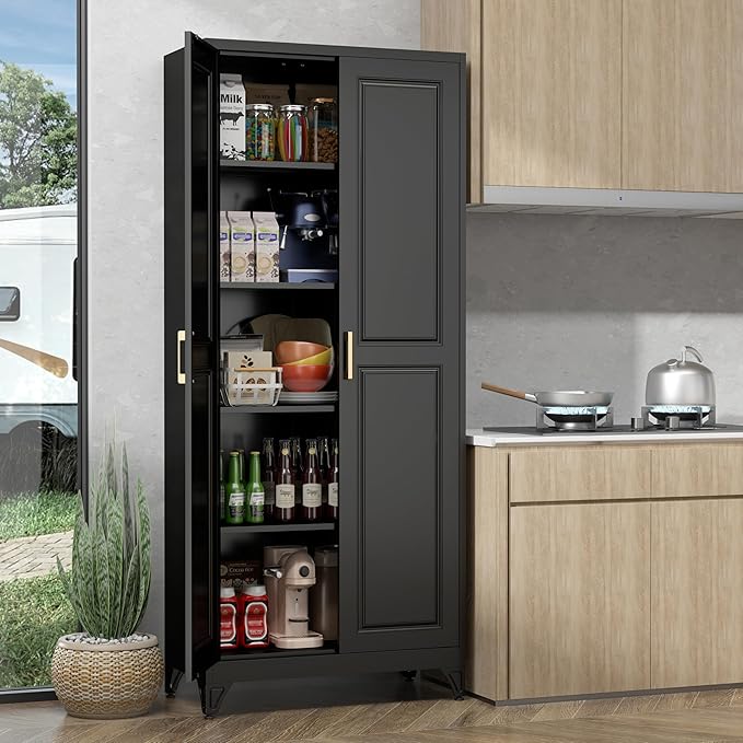 75" Storage Cabinet, Metal Pantry Cabinet, Kitchen Pantry Storage Cabinets with Doors and 4 Shelves, Cabinets for Laundry Room, Living Room, Dinning Room, Assembly Required, Black-CasaMuseHome