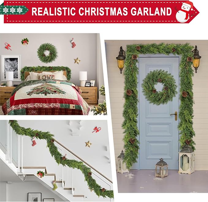 6 Ft Real Touch Christmas Garland Indoor with Pine Cone,Thick and Lush，Soft Bendable Mantle Garland Christmas, Lifelike Cedar Garland, Christmas Garland for Mantle,Indoor Christmas Decorations-CasaMuseHome