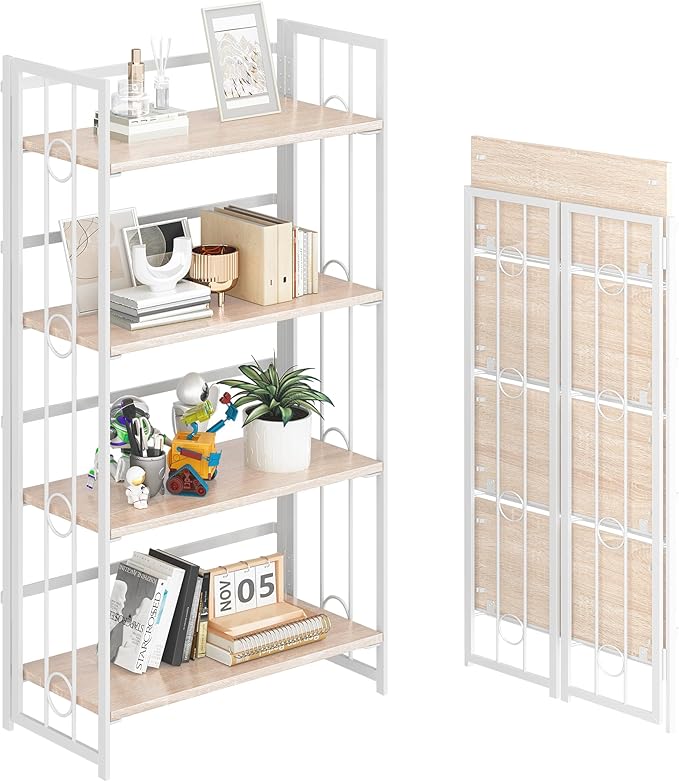 4NM No Assembly 4 Tiers Folding Bookshelf, 47.2" H Foldable Storage Shelves Vintage Bookcase Standing Racks Study Organizer Home Office - Natural White-CasaMuseHome