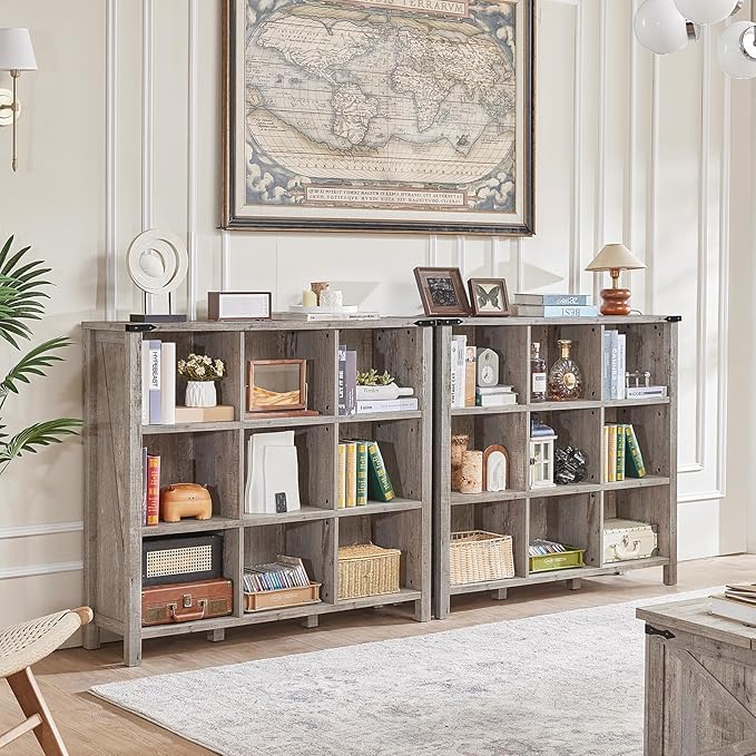 9 Cube Bookcase, Farmhouse 47 Inch Wide Grey Oak Bookshelf, Wooden 3 Tier Display Large Open Book Shelf, Vintage Horizontal Book Case for Home Office, Cubby Storage Cabinet for Living Room-CasaMuseHome