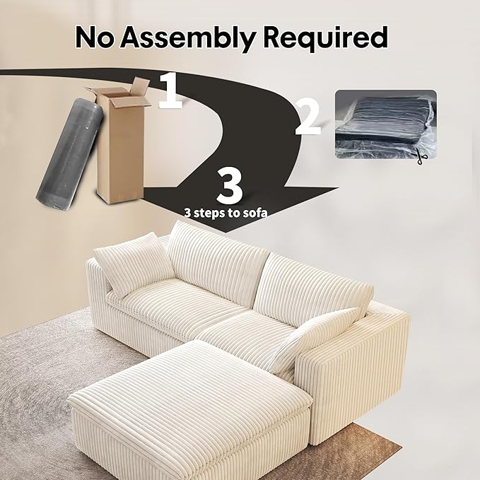 78.74" L Shaped Modern Sofa Modular Sectional Cloud Couch with Ottoman,Upholstered Couches with Plush Corduroy Fabric for Living Room Furniture,Bedroom and Apartment,No Assembly Required,White-CasaMuseHome