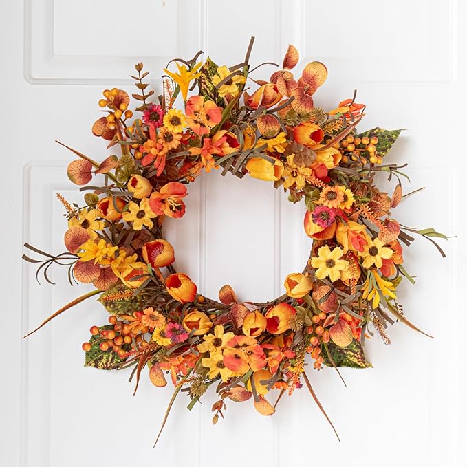 18 Inches Fall Wreaths for Front Door Rustic Autumn Wreath Farmhouse Fall Floral Wreaths with Tulips Phalaenopsis Orange Wildflowers for Wall Window Porch Indoor Outside Decor-CasaMuseHome