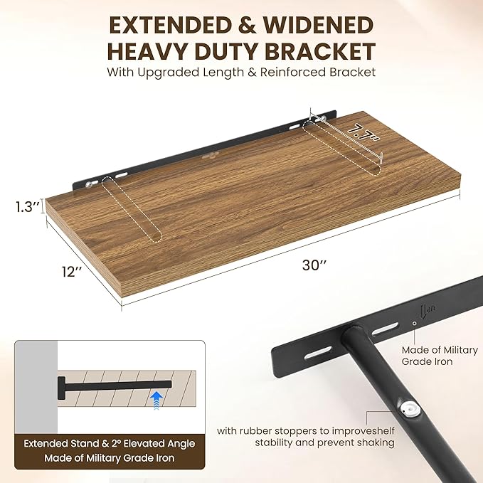 30" Floating Shelves for Wall, 12" Deep Slim Walnut Floating Shelves, Wall-Mounted Shelves for Bedroom, Living Room, Kitchen, Bathroom - Set of 2-CasaMuseHome