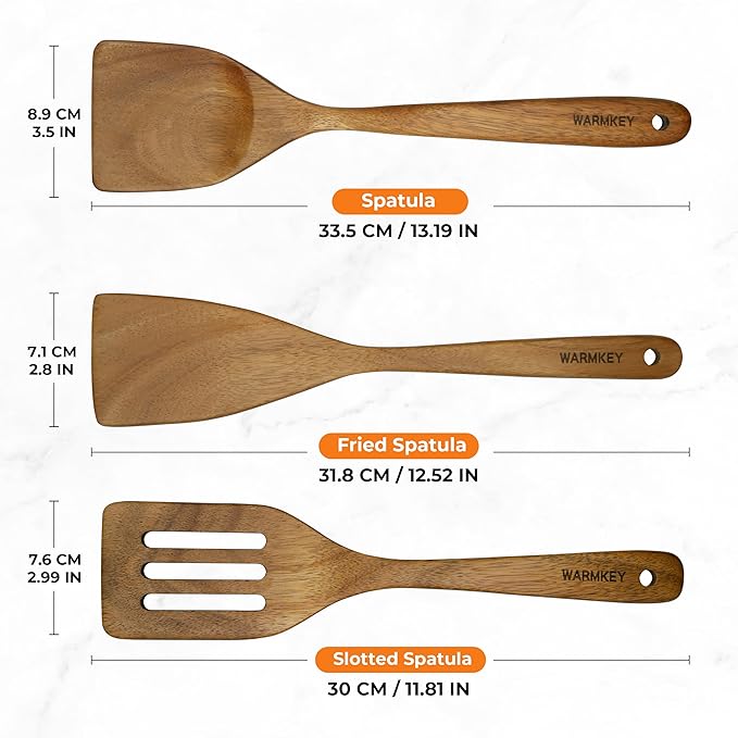Acacia Wood Spatula Set of 3 - Natural Wooden Cooking Utensils for Nonstick Pans, Scratch-Proof & Heat Resistant, Sturdy & Lightweight Kitchen Tools with Hanging Holes-CasaMuseHome