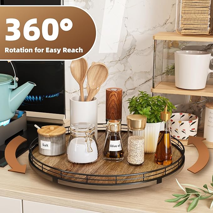 Acacia Wood 16" Lazy Susan Turntable Organizer for Table Top, Farmhouse Large Round Lazy Susan for Cabinet Kitchen Centerpieces Dining Table, for Condiments Charcuterie, Bathroom Vanity Tray Decor-CasaMuseHome