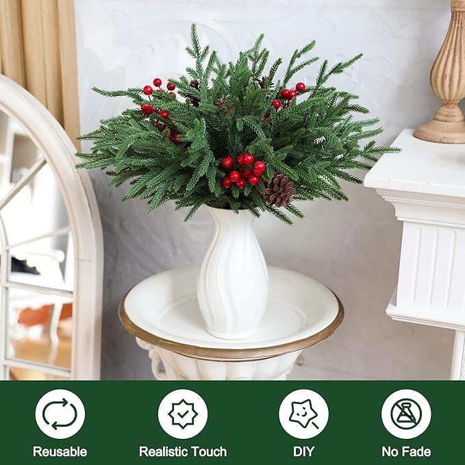 24 Pcs Christmas Norfolk Pine Stems, Realistic DIY Artificial Pine Branches for Christmas Decorations-CasaMuseHome
