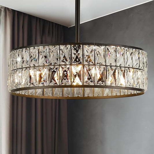 16” 4-Light Modern Crystal Chandeliers Black Dinning Room Light Fixture with Two Rods, Round Pendant Light Kitchen Island Chandelier, Flush Mount Ceiling Light for Living Room Entryway-CasaMuseHome