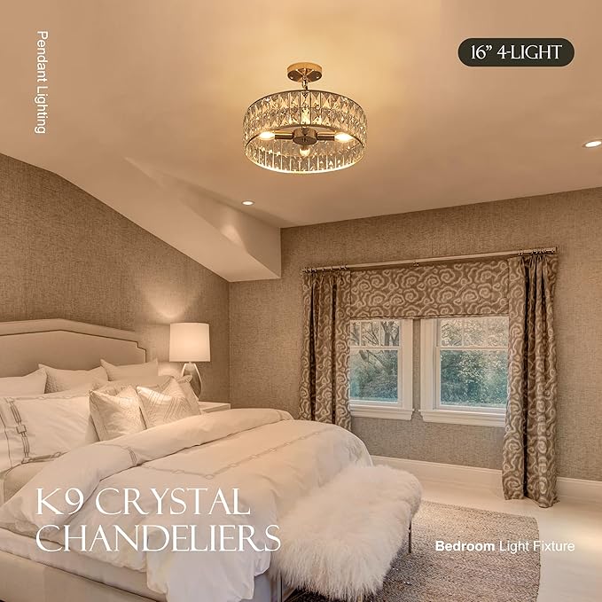 16” 4-Light Modern Crystal Chandeliers Nickel Dinning Room Light Fixture, Round Pendant Light Kitchen Island Chandelier, Flush Mount Ceiling Light for Living Room Entryway Bedroom Foyer-CasaMuseHome