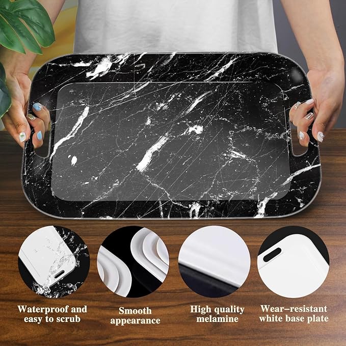 Serving Trays with Handles, 14.5 x 9.8 inch Rectangular Plastic Tray for Restaurant, Kitchen, Black Marble-CasaMuseHome