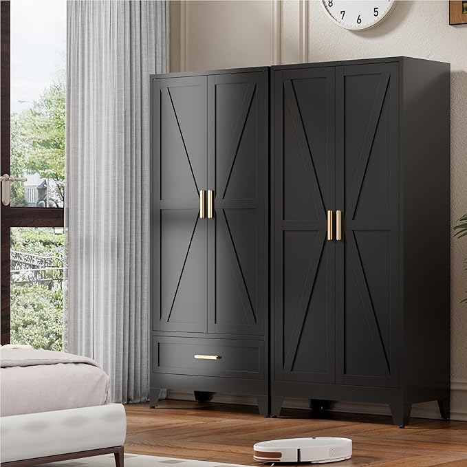 71'' Black Farmhouse Metal Wardrobe Cabinet with Hanging Rod, 2 Barn Door Wardrobe Closet with Adjustable Shelves,Drawer,for Dining Room,Bedroom,Living Room, Cloak Room,Office-CasaMuseHome