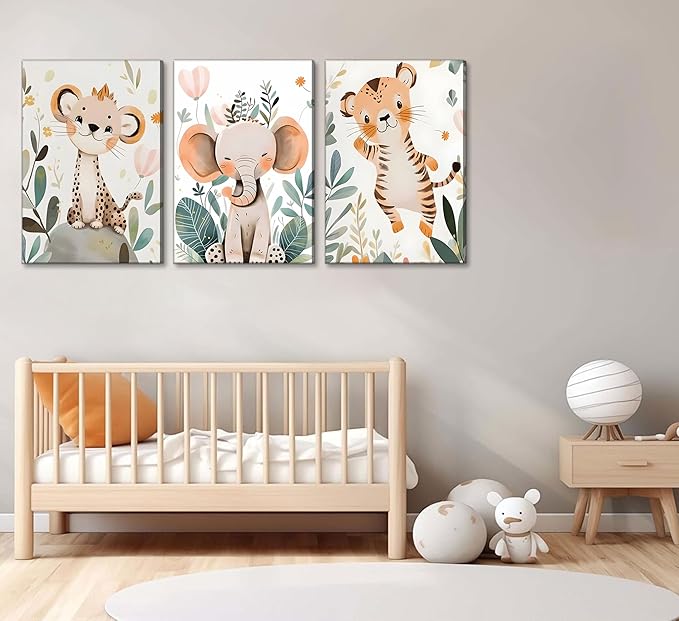 3 Pcs Safari Animals Nursery Canvas Wall Art Jungle Animals Cheetah Elephant Tiger Kids Room Illustration Pictures Wall Decor Posters Print Artwork for Classroom Boy's Girl's Room Bedroom-CasaMuseHome