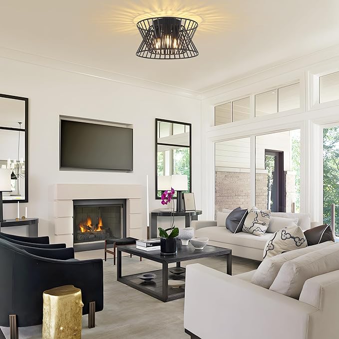 3-Lights Black Ceiling Light Vintage Geometric Chandelier Light Fixture Adjustable Metal Semi Flush Mount Lighting for Kitchen Room Dining Room Foyer-CasaMuseHome