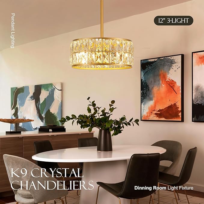 12” 3-Light Modern Crystal Chandeliers Gold Dinning Room Light Fixture, Round Pendant Light Kitchen Island Chandelier, Flush Mount Ceiling Light for Living Room Entryway Bedroom Foyer-CasaMuseHome