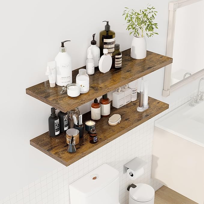 40" Floating Shelves for Wall, 12" Deep Slim Rustic Brown Floating Shelves, Wall-Mounted Shelves for Bedroom, Living Room, Kitchen, Bathroom - Set of 2-CasaMuseHome