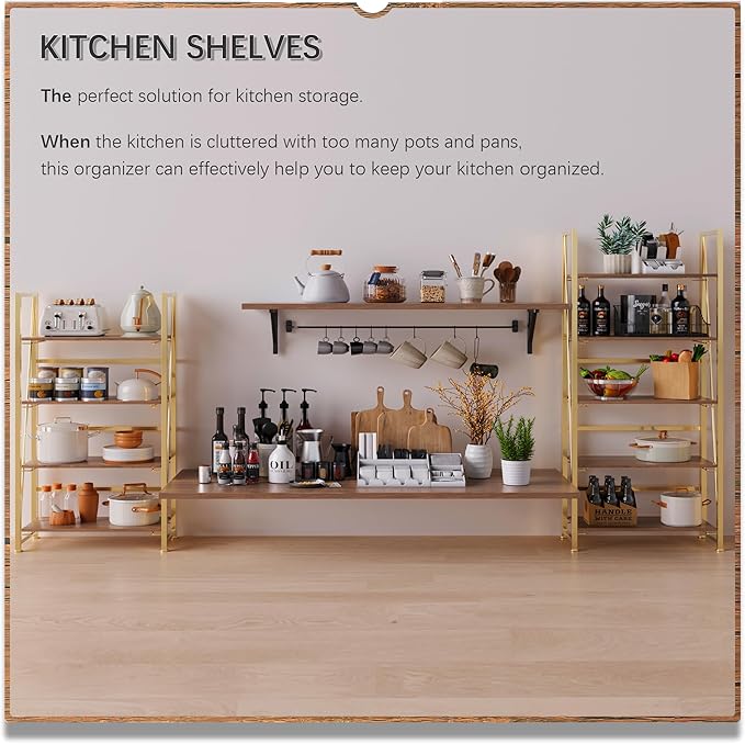 4NM No Assembly Foldable Bookshelf, 5-Shelf Collapsible Bookcase Storage for Small Spaces, 62.2" H, Brown and Golden-CasaMuseHome