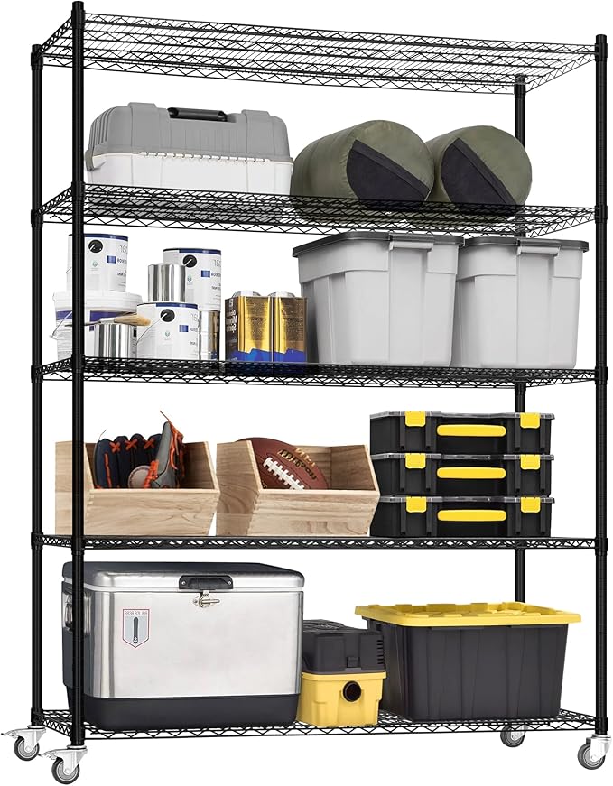 5 Tier Wire Shelf Shelving Unit, 60"x 24"x82" Metal Storage Shelves, Heavy Duty Garage Storage Shelves with Wheels, Chrome 3000LBS Capacity Wire Shelf Rack for Restaurant, Garage, Pantry, Kitchen-CasaMuseHome