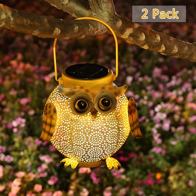 2 Pack Hanging Solar Lanterns - Garden Light Waterproof Metal Decorative Solar Lantern Lights Outdoor for Patio Yard Table Pathway with Owl Pattern-CasaMuseHome