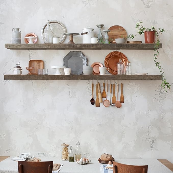 48 Inch Fireplace Mantel Shelf - 8 Inch Deep Rustic Solid Reclaimed Wood Floating Shelf, Wall Mounted Farmhouse Display Shelf with Invisible Heavy Duty Metal Bracket, Set of 2, Cement Grey-CasaMuseHome