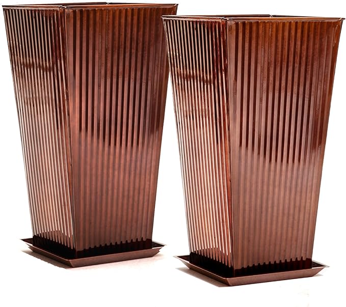 22in Vintage Handmade Metal Vertical Lines Copper Tapered Planters,Planter Box with Drainage Holes and Saucer -Set of 2, Galvanized Steel Planter for Indoor/Outdoor/Porch/Garden-CasaMuseHome