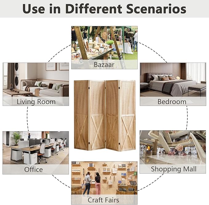 4 Panel Pegboard Wood Room Divider, 5.6Ft Pegboard Display Folding Privacy Screens, Peg Board Display Freestanding for Trade Show Craft Show Home Wall Organizer, Light Brown-CasaMuseHome