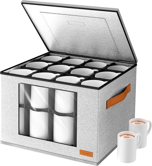 2-Layer Coffee Mug Storage Box with Dividers, Cup Storage Organizer with Zipper Lid and Handles, Stackable China Storage Containers Service for 24 Mugs, Cups and Glasses, Light Grey-CasaMuseHome