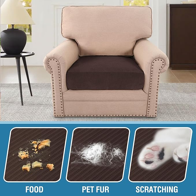 H.VERSAILTEX Velvet Stretch Couch Cushion Cover Plush Cushion Slipcover for Chair Cushion Furniture Protector Seat Cushion Sofa Cover (1 Piece Armchair Cushion Covers, Brown Striped)-CasaMuseHome