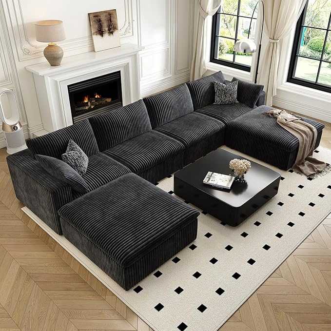 157.5" Cloud Couch Oversized Modular Sectional Sofa for Living Room,Modern Sofa with Deep Seat，U-Shape Boneless Couch with 2 Ottoman,Comfy Upholstered Couches for Apartment, Studio, Office,Black-CasaMuseHome