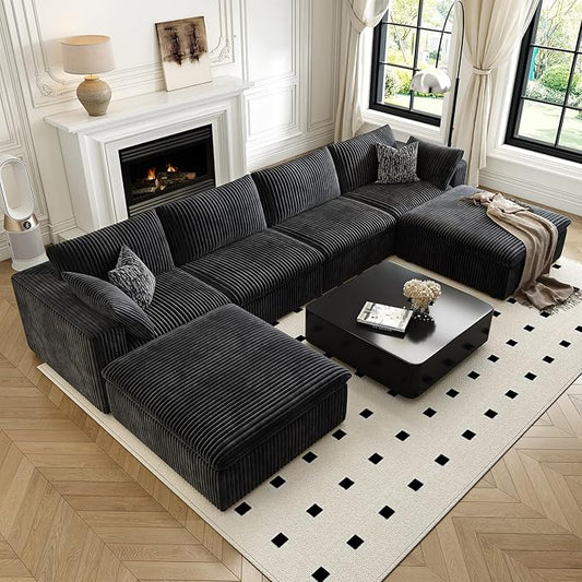 157.5" Cloud Couch Oversized Modular Sectional Sofa for Living Room,Modern Sofa with Deep Seat，U-Shape Boneless Couch with 2 Ottoman,Comfy Upholstered Couches for Apartment, Studio, Office,Black-CasaMuseHome