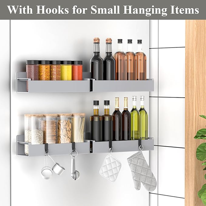 4 Pack Magnetic Spice Rack Organizer for Refrigerator and Oven, Light Gray Fridge Organizers and Storage for Kitchen-CasaMuseHome