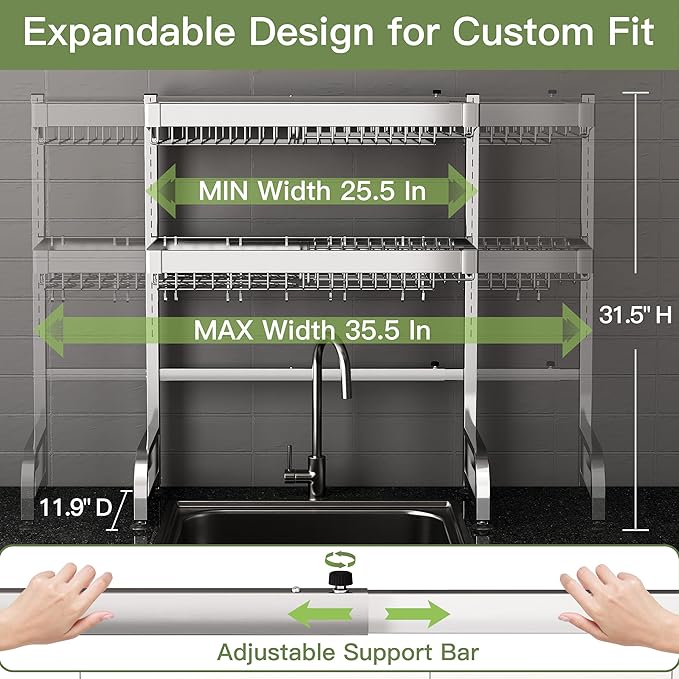 3 Tier Extra Large Stainless Steel Expandable Over The Sink Dish Drainer Drying Rack, Rust Proof Metal, Space Saving, Modern Silver Big Capacity Extendable Plate Strainers Above Kitchen Counter-CasaMuseHome
