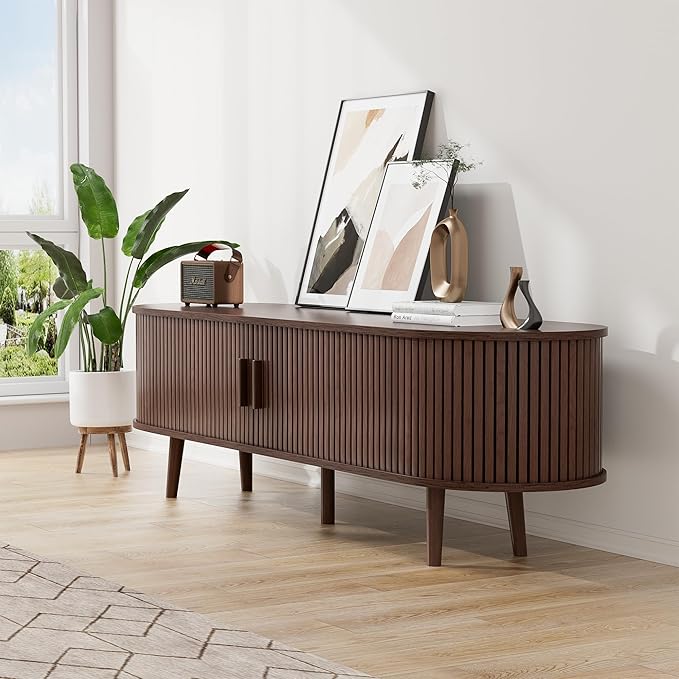55" Mid Century TV Stand, Fluted TV Stand Fits 32" to 60" TVs. Wood Entertainment Center for Living Room, Farmhouse Modern TV and Media Console Table with Storage, Curved Edge and Sliding Door, Walnut-CasaMuseHome