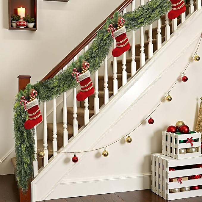 9 ft Christmas Garland, Cedar Garland, Real Touch Cypress Garlands, Green Artificial Greenery Garland for Mantel Indoor Outdoor Christmas Decorations-CasaMuseHome