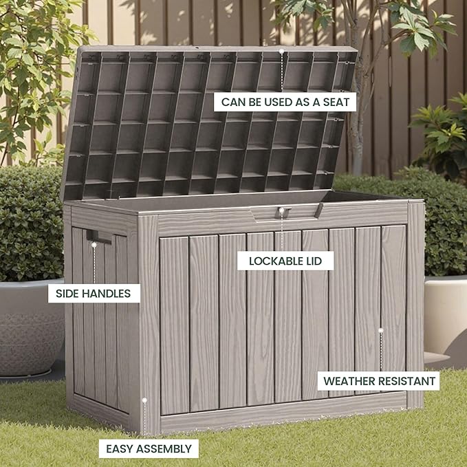 45 Outdoor Storage Box, Waterproof Resin Deck Box with Side Handles, Lockable Outdoor Bench for Indoor & Outdoor Use, Storage Bin for Patio Cushions, Garden Tools, Package Delivery, Grey-CasaMuseHome