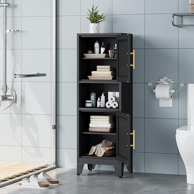 47.24" H Metal Narrow Bathroom Storage Cabinet Pantry Storage Cabinet, 2 Adjustable Shelves for Kitchen, Home Office, Living Room, Dinning Room (Black)-CasaMuseHome