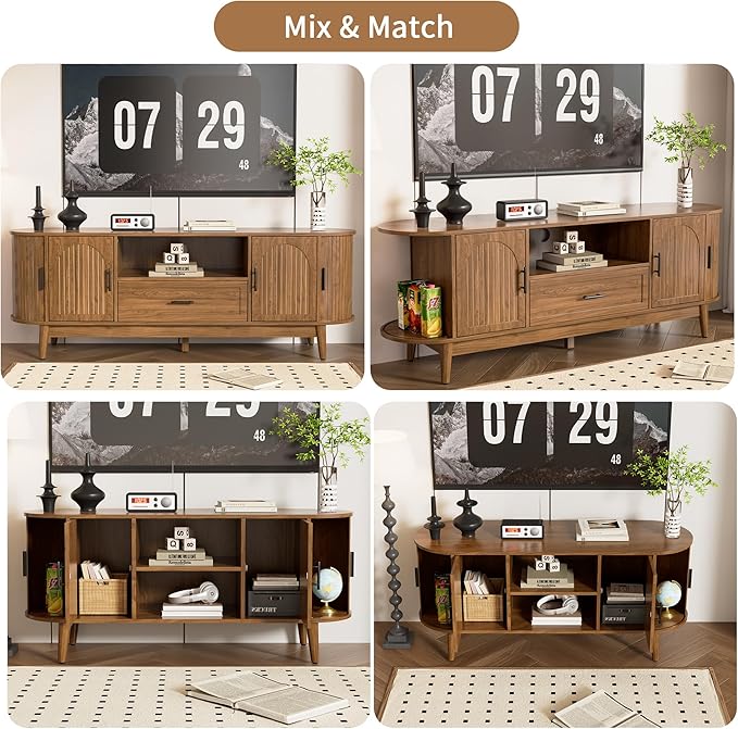 63" Fluted TV Stand for Tvs up to 70", Mid-Century Modern Entertainment Center with Drawers and Fluted Doors, Curved TV Media Console Table with Sliding Doors for Living Room, Bedroom (63")-CasaMuseHome