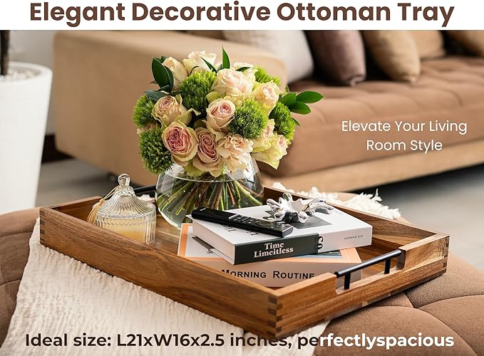 Acacia Wooden Ottoman Tray for Living Room – 21" Large Coffee Table Serving Tray with Handles & 6 Coasters Set, Perfect for Food, Drinks, Kitchen, and Home Decor-CasaMuseHome