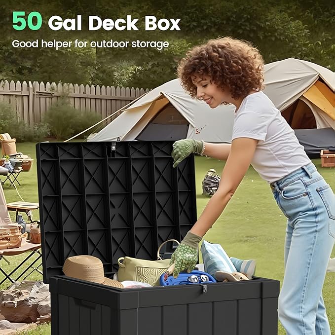 50 Gallon Storage Box, Waterproof Deck Box for Indoor & Outdoor Use, Lockable Pool Storage Bin for Package Delivery, Outdoor Bench for Patio Cushions, Garden Tools, Backyard, Black-CasaMuseHome
