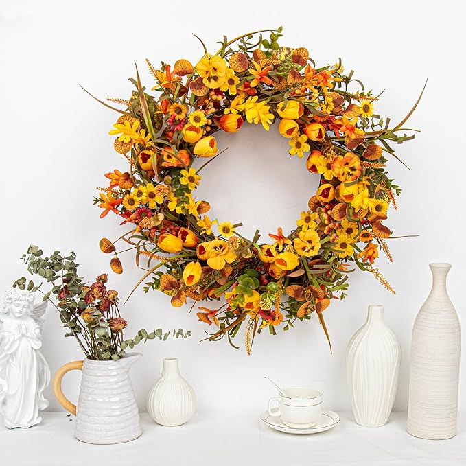 22 Inches Fall Wreaths for Front Door Rustic Autumn Wreath Farmhouse Fall Floral Wreaths with Tulips Orange Wildflowers for Wall Window Porch Indoor Outside-CasaMuseHome