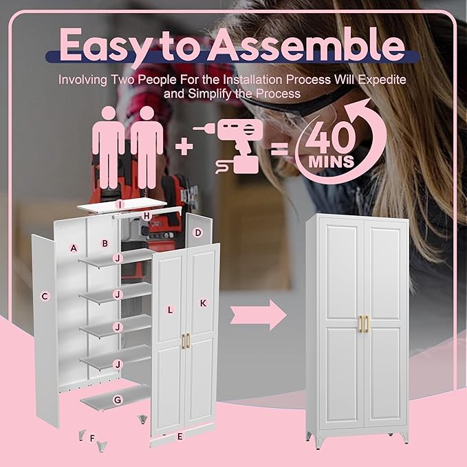 75" Storage Cabinet, Metal Pantry Cabinet, Kitchen Pantry Storage Cabinets with Doors and 4 Shelves, Cabinets for Laundry Room, Living Room, Dinning Room, Assembly Required, White-CasaMuseHome